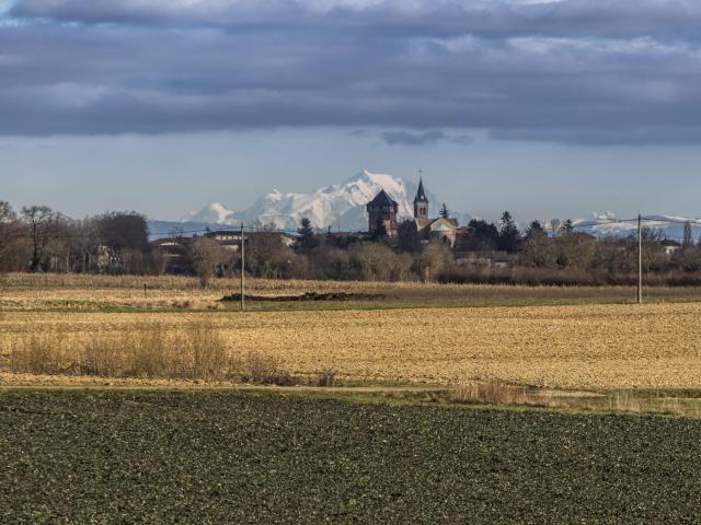 View of the Château-fort d'Ambérieux-en-Dombes and Mont Blanc